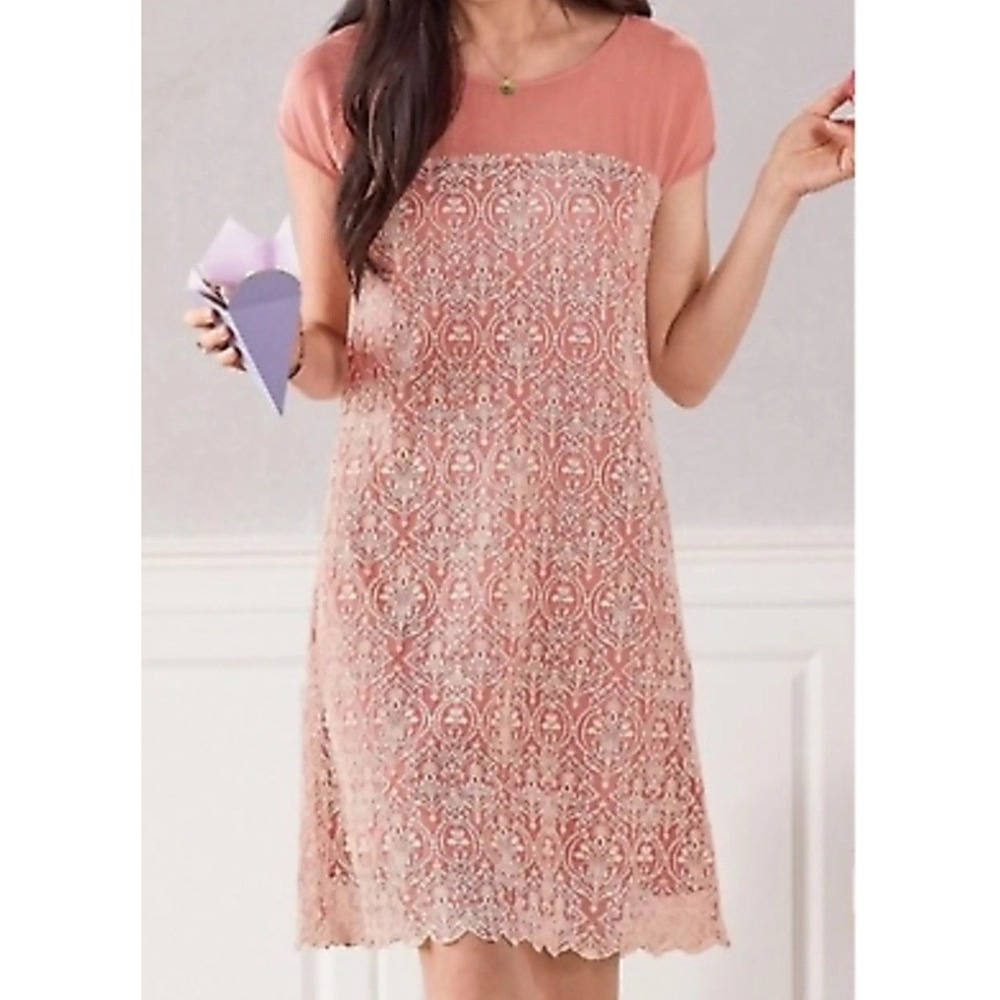 Sundance Peach Cream Embroidered Lace Overlay Dress Sz XL‎ Boho Cottage Fairy